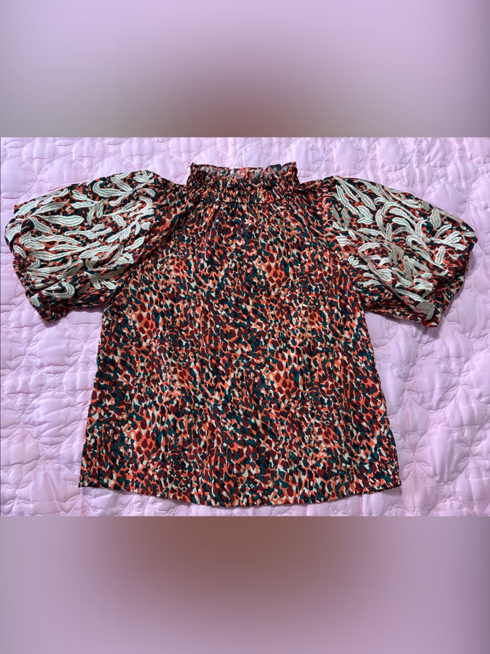 THML Red Multi-Print Smocked Neck Puff Sleeve Tunic
